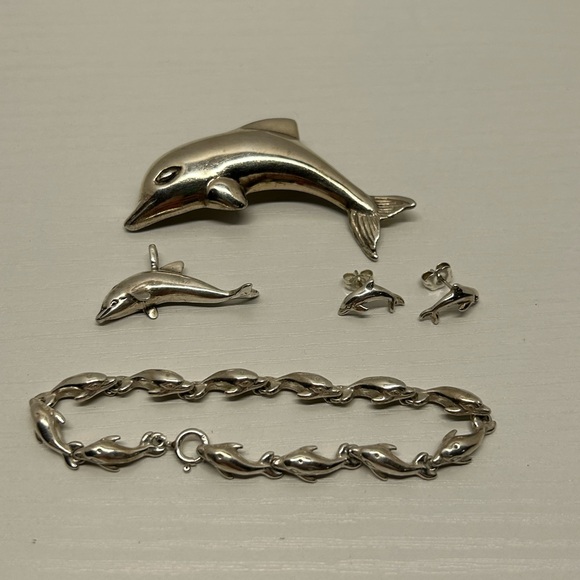 Vintage Sterling Silver 925 Dolphin Jewelry Bracelet Earrings Pendant Kabana - Picture 1 of 7